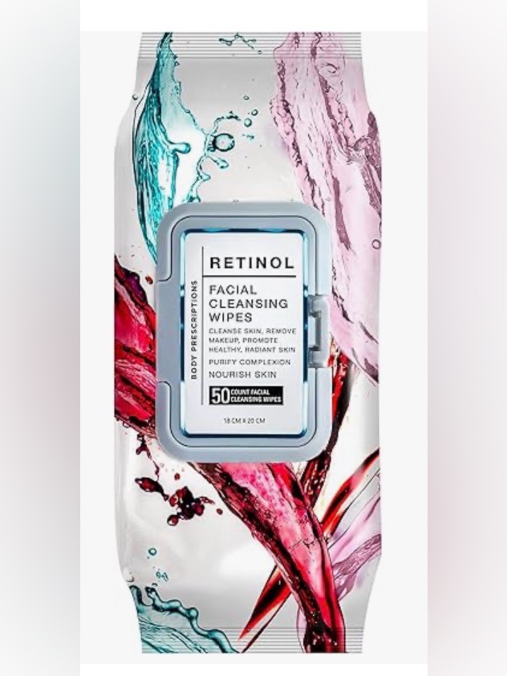 Retinol Facial Cleansing Wipes - White Packaging with Teal & Pink Accents